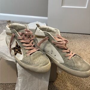 Golden Goose Mid Star Women's Sneakers - Gray and Pink with Leopard Star